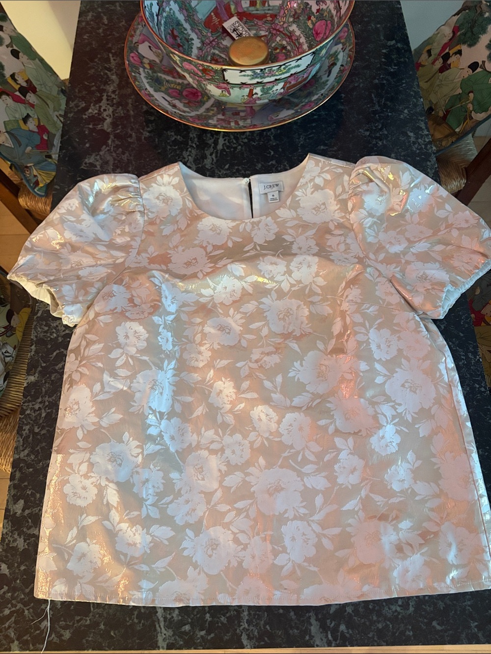 J. Crew gold and Ivory Floral Puff Sleeve Top (S)